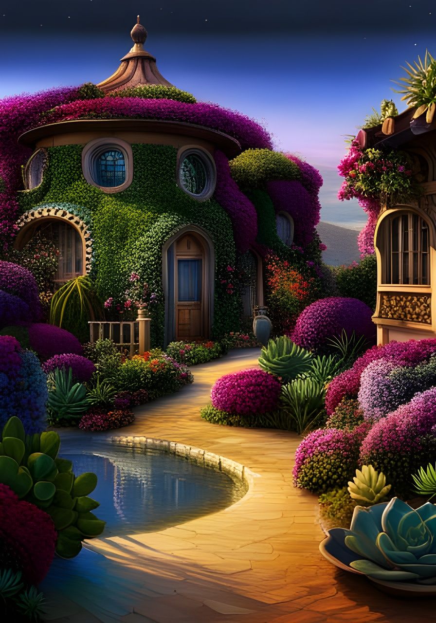 Magical Garden Home with Succulents in Surreal Style