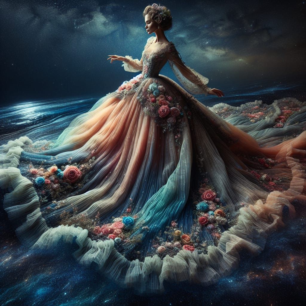 Regal Woman Floats on Star-Lit Ocean in Polychromatic Gown