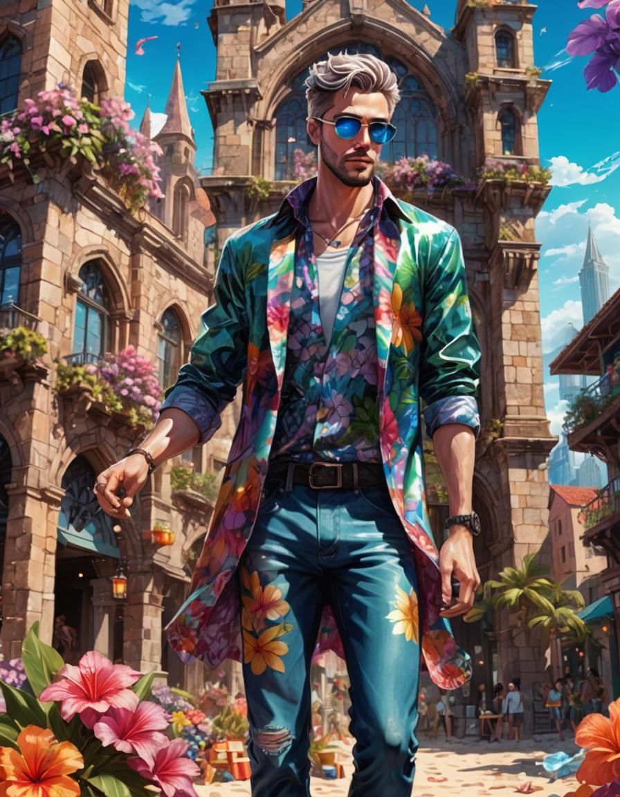 Stylish Man in Manga Art Style on Beach