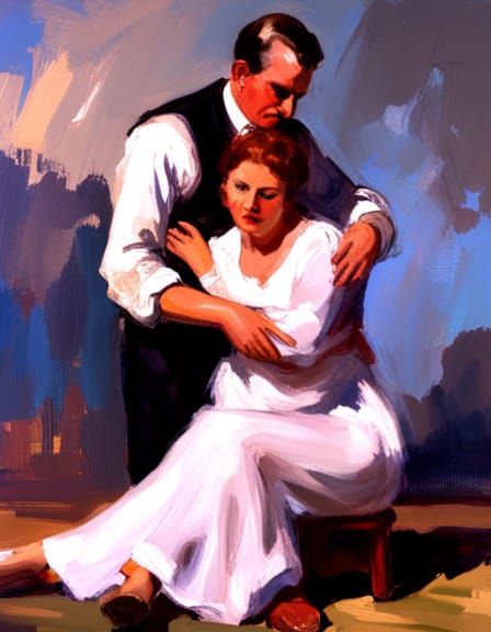 Romantic Couple Embrace in Impressionist Style
