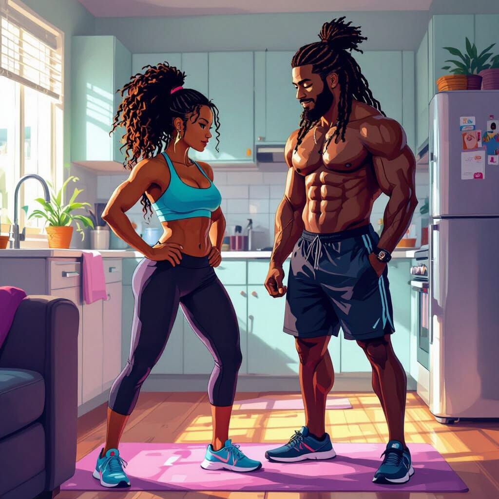 Proud Husband Watches Wife Workout: Synthwave Digital Art