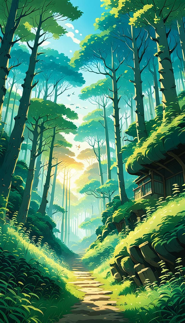 Welcoming Forest Sunrise in Ghibli Anime Style
