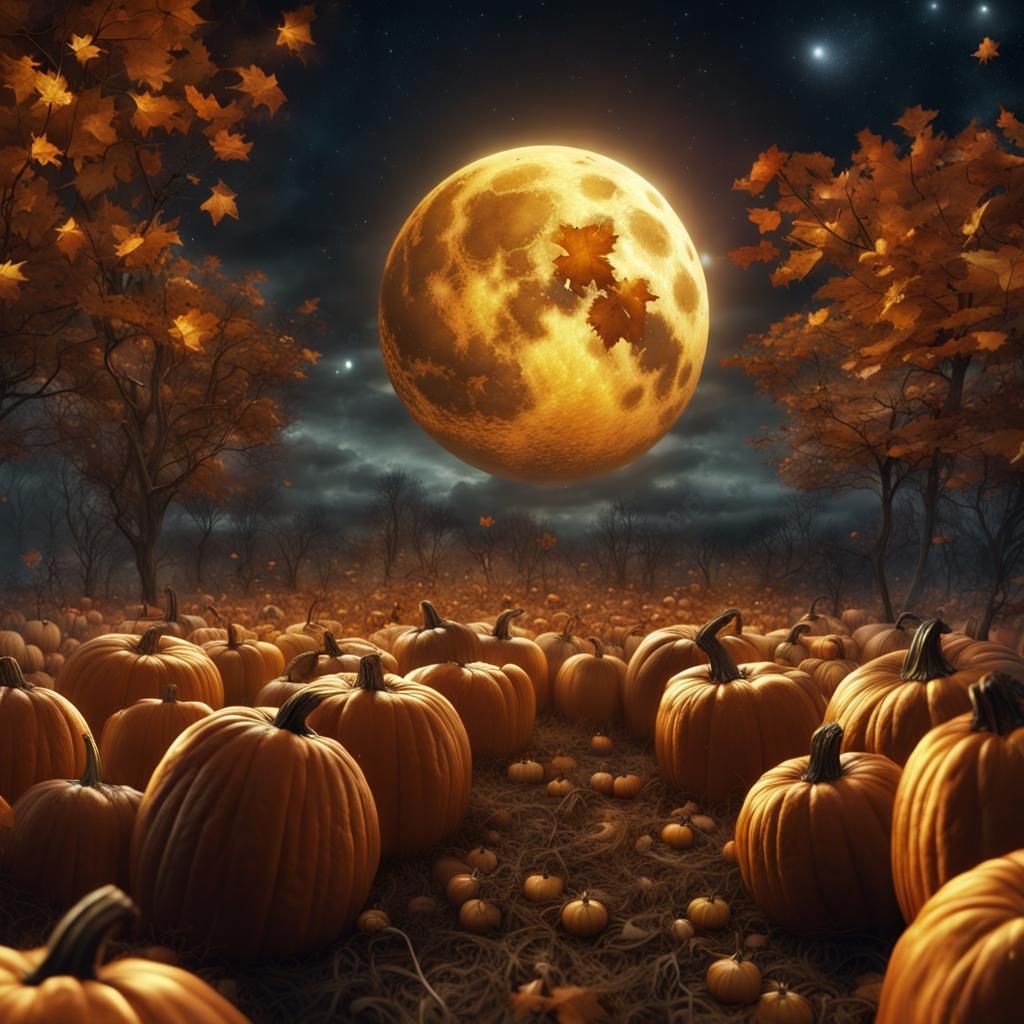 Fantasy Harvest Moon Over Pumpkin Field