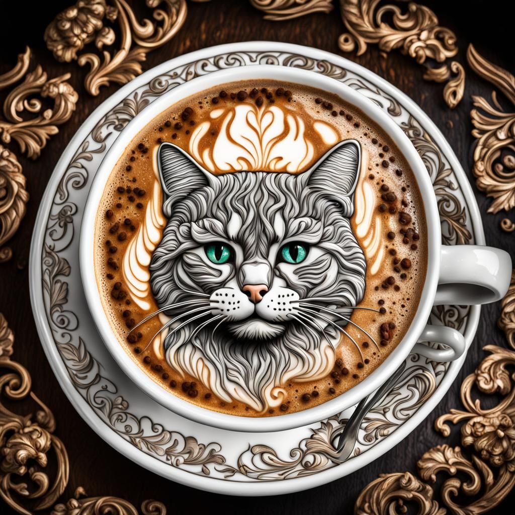 Ornate Latte Cup with Cat Art: Hyperrealistic Digital Art