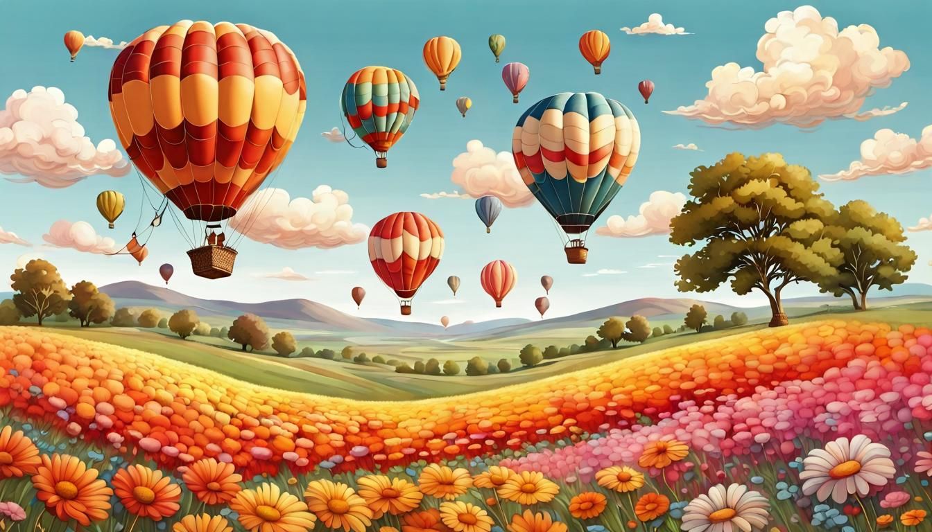 Cartoon Hot Air Balloons Over Flowery Field