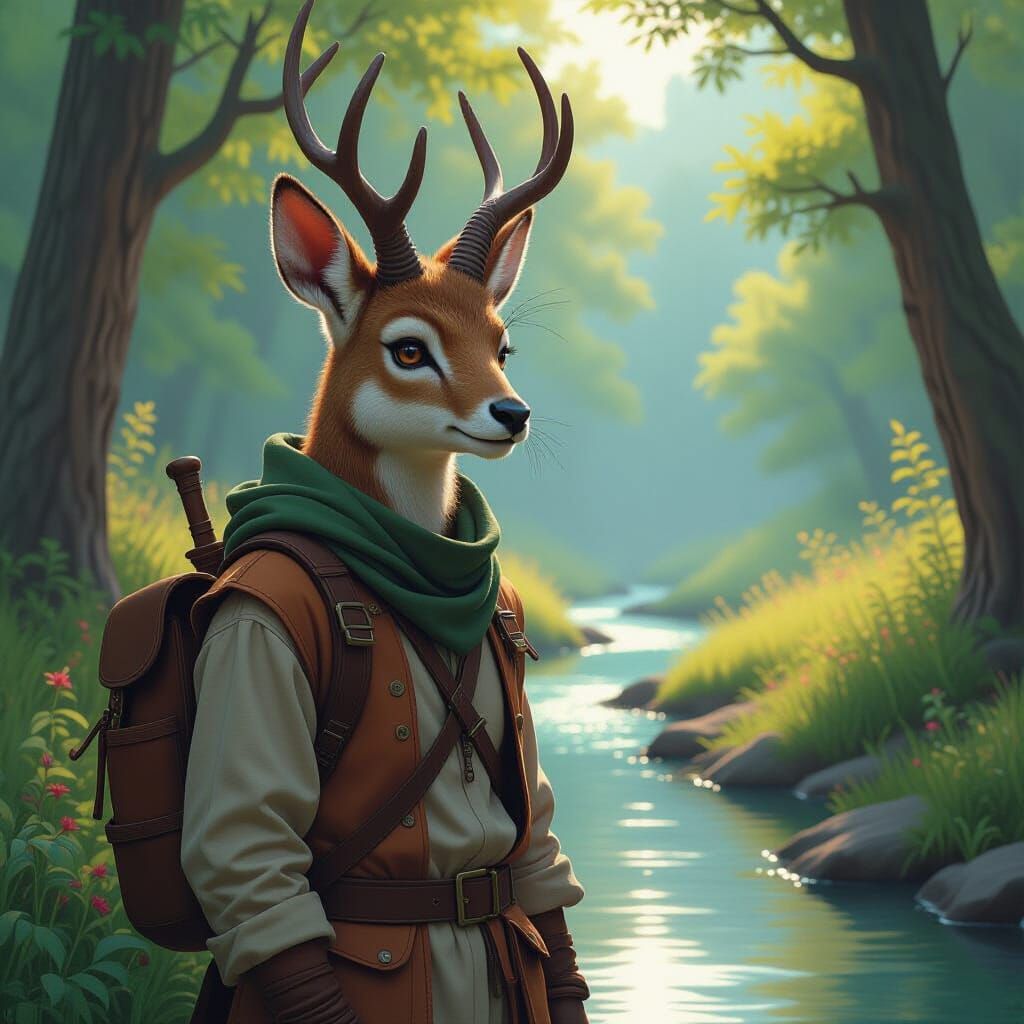 Woodland Faun by Creek in Hyperrealistic Style