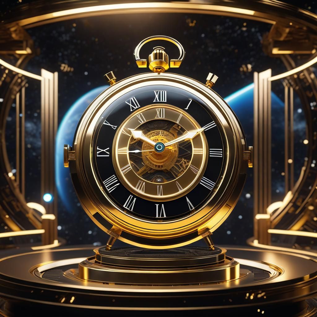 Golden Clock in Space: 3D Cinematic Render
