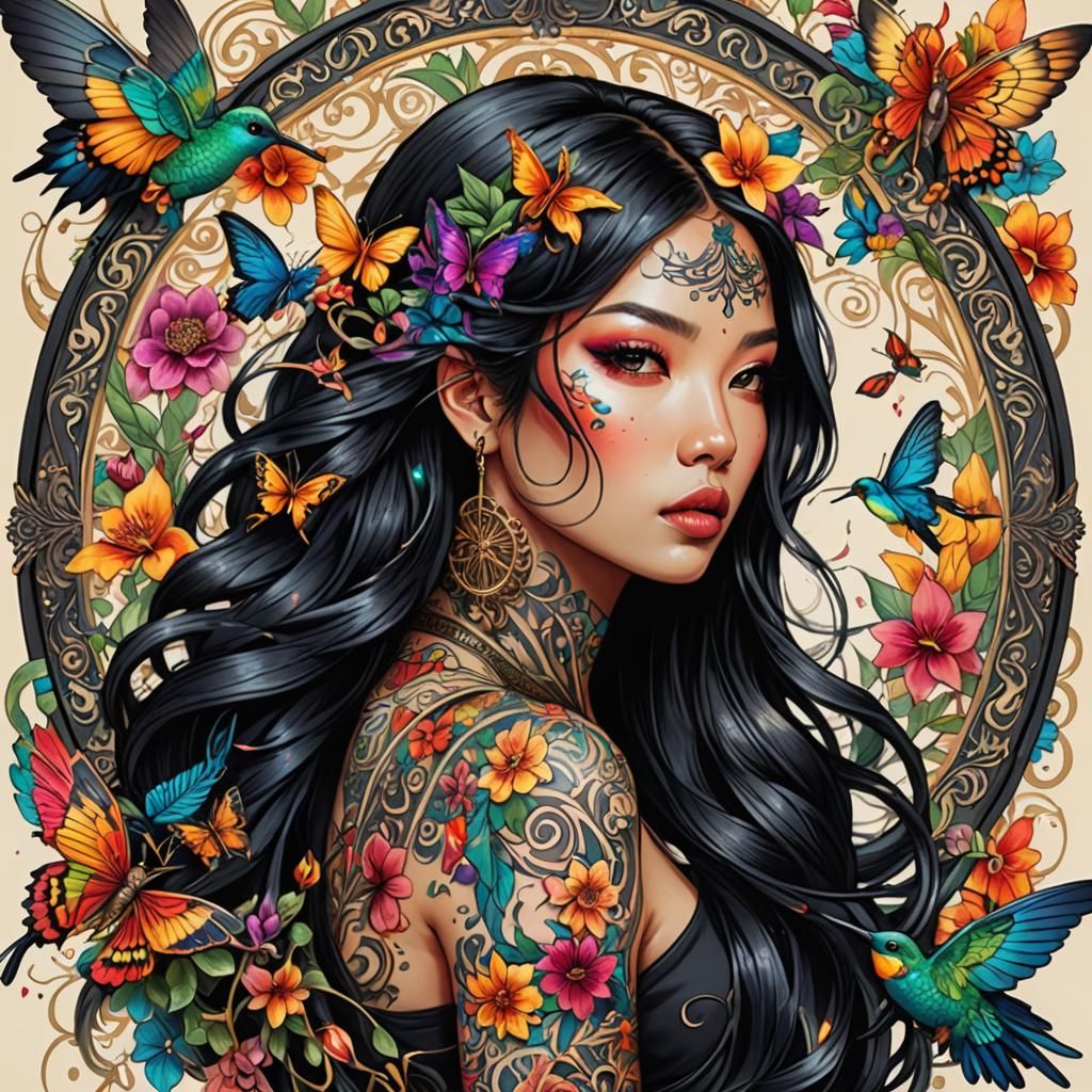 Ornate Portrait of Tattooed Woman with Hummingbirds