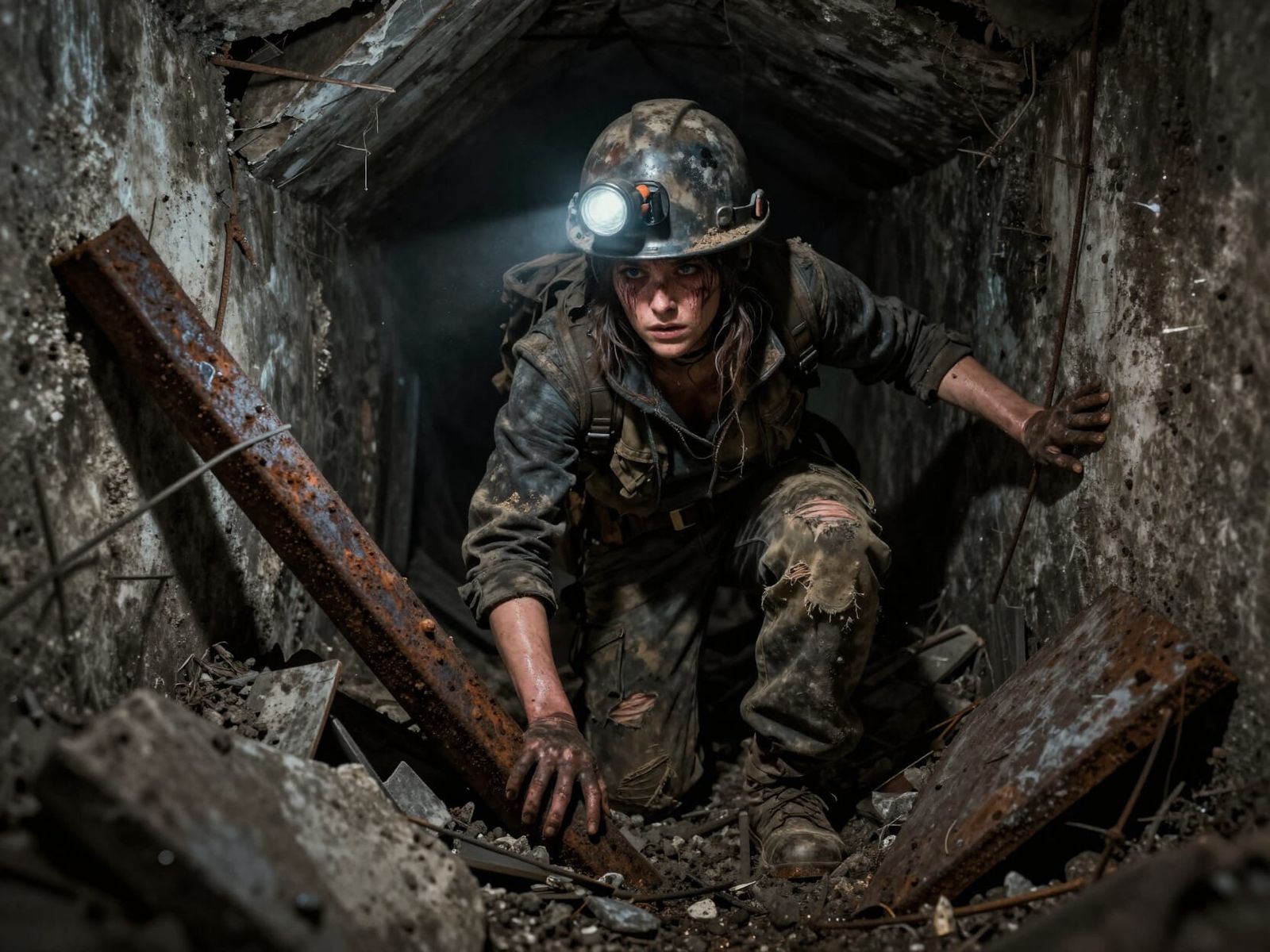 Post-Apocalyptic Explorer in Ruined Tunnel