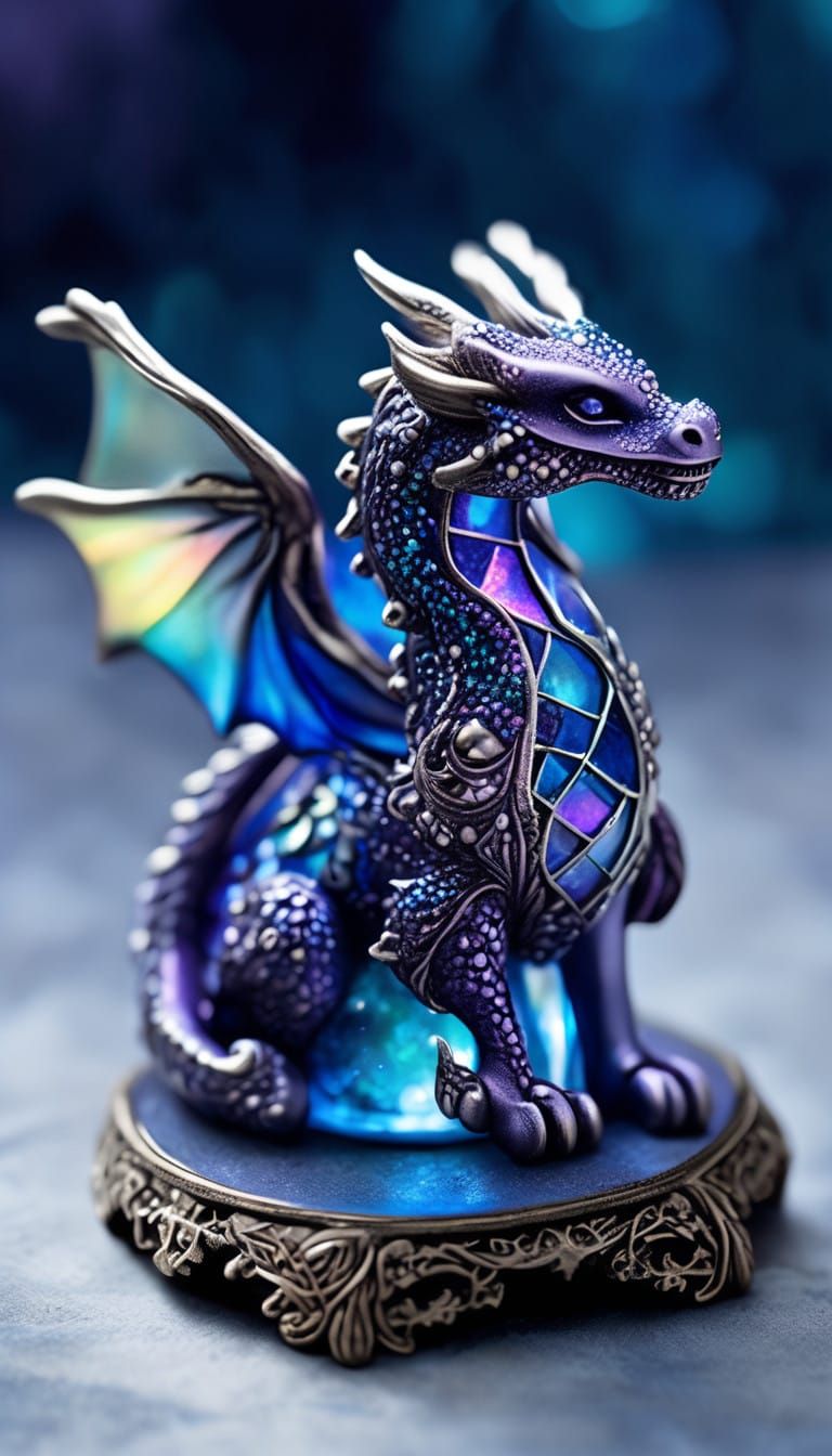A cute miniature baby dragon sitting in a glass jewelry box overflowing with glowing glass jewelry. hyperdetailed Jordan...
