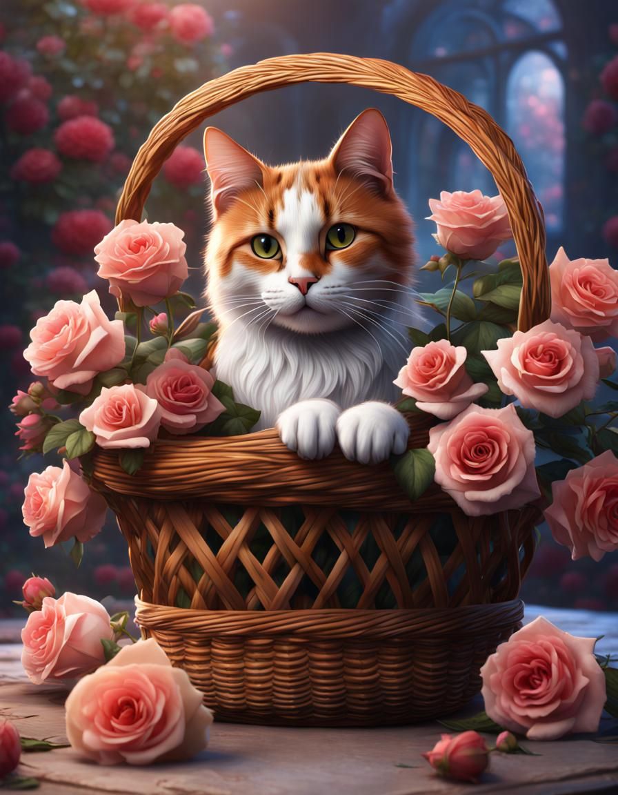 Calico Cat in Floral Basket: Detailed Digital Painting