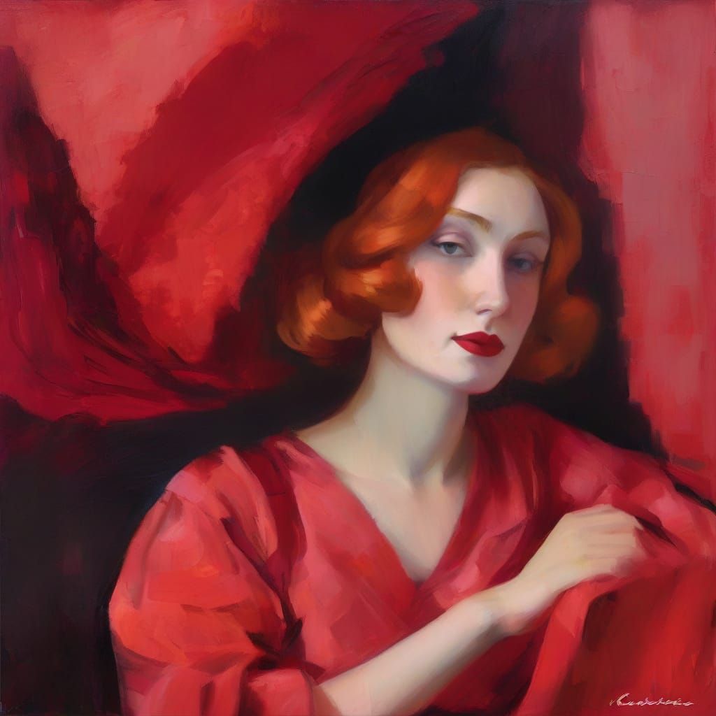 Crimson Masterpiece: Red-Haired Woman in Red-Lit District