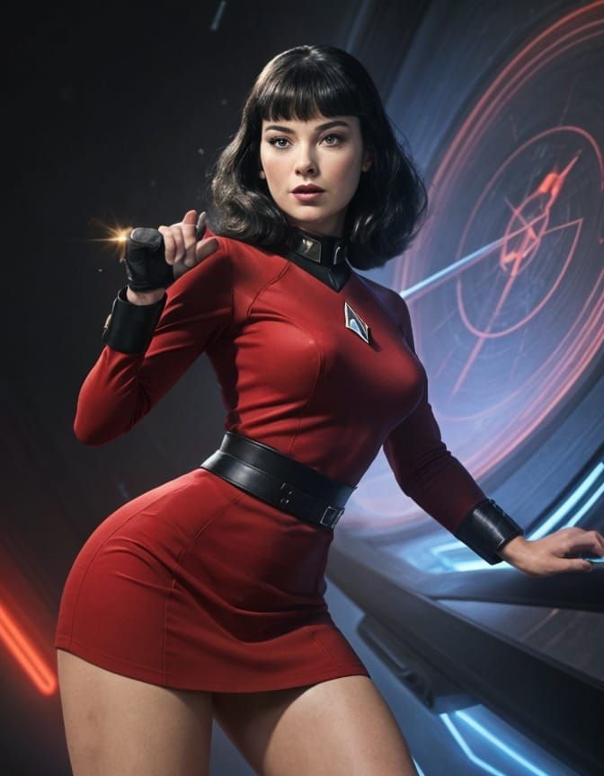 Bettie Page on Star Trek Bridge in 1960s Style