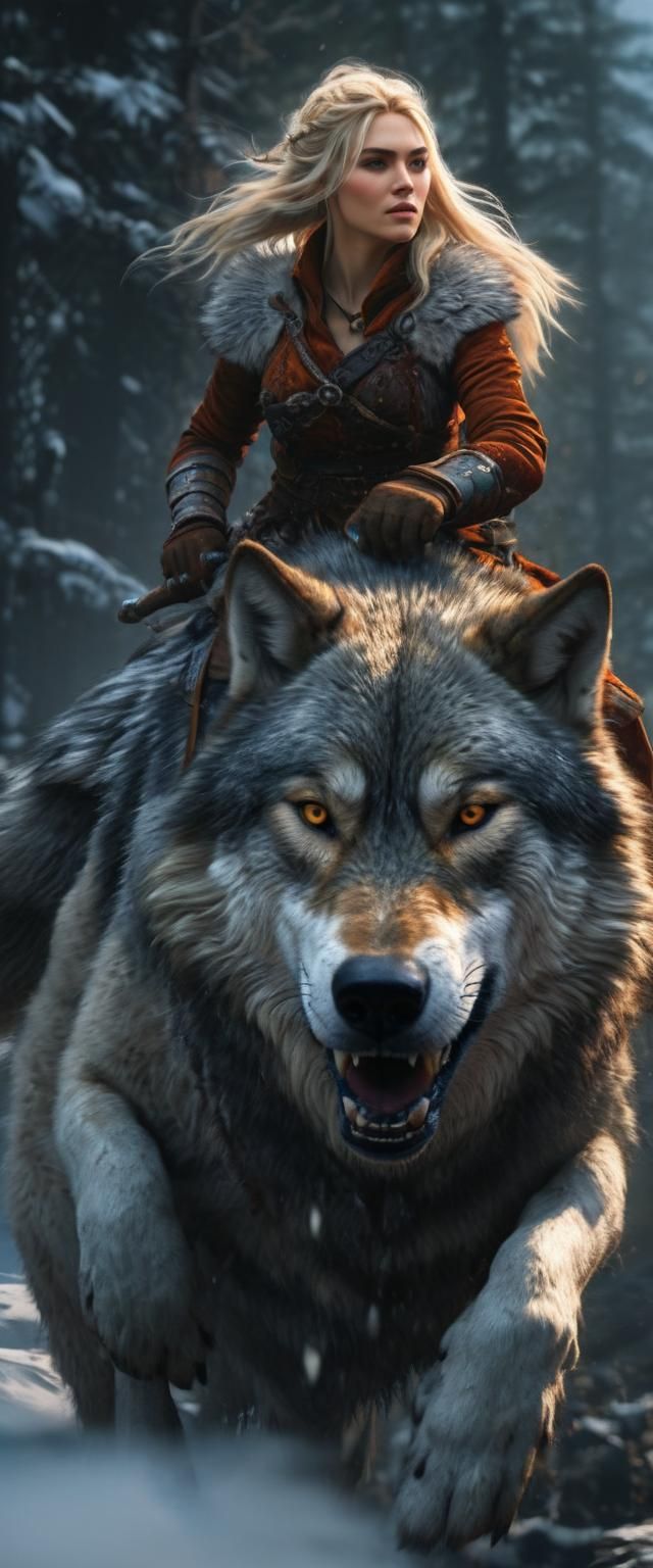 Viking Girl on Wolf: Detailed Fantasy Art
