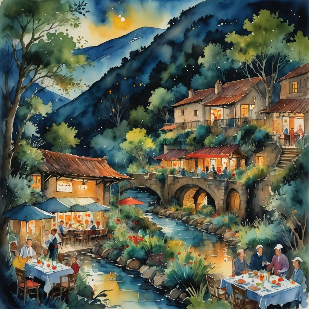 Mediterranean Restaurant at Night, Watercolor Painting
