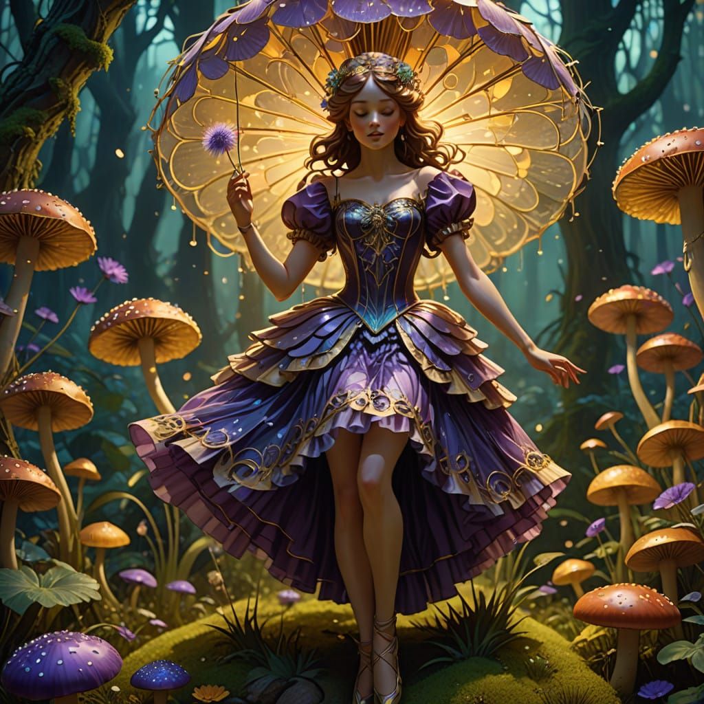 Whimsical Ballerina in a Dandelion Tutu Amidst Glowing Mushr...