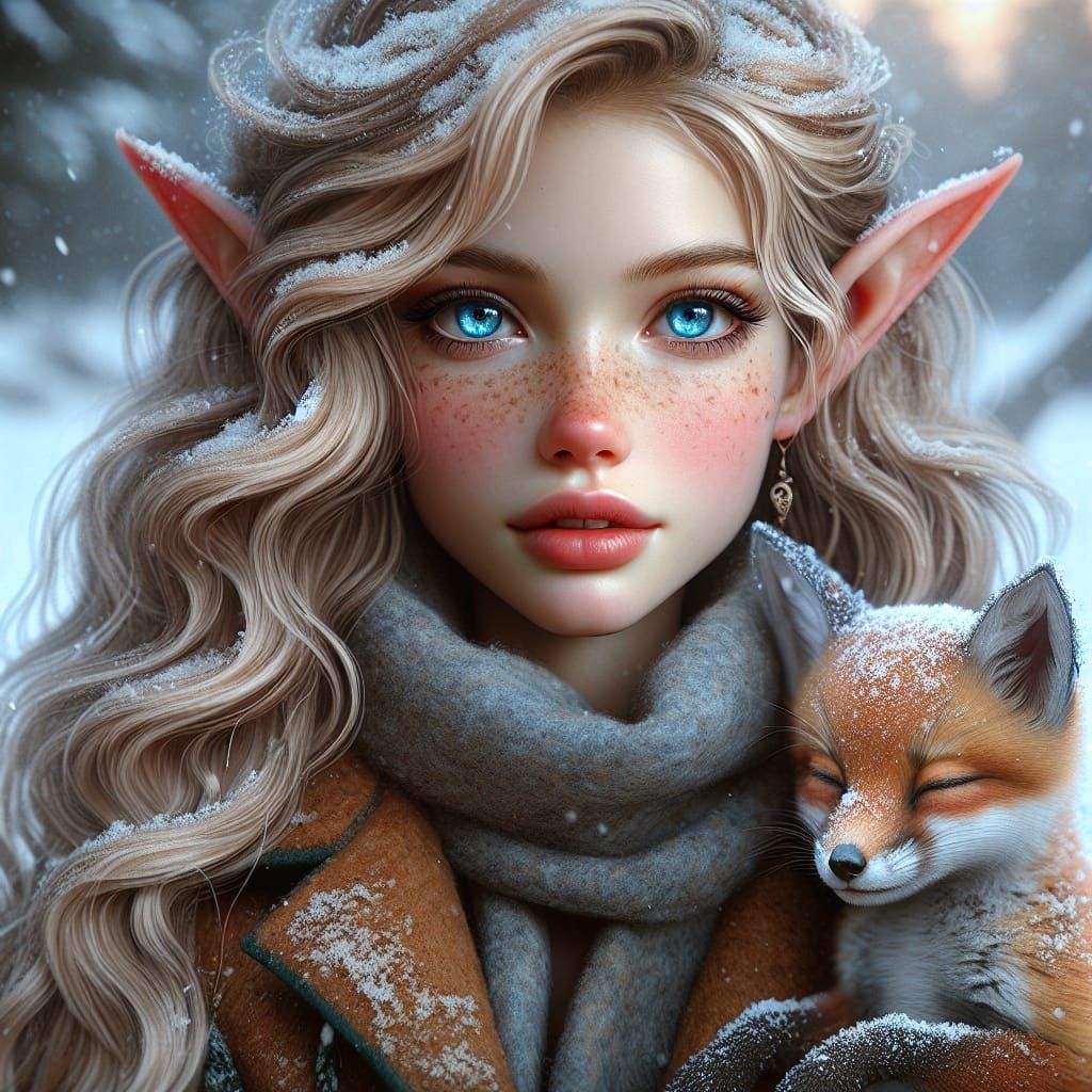 Elf Fairy with Fox in Snowy Landscape