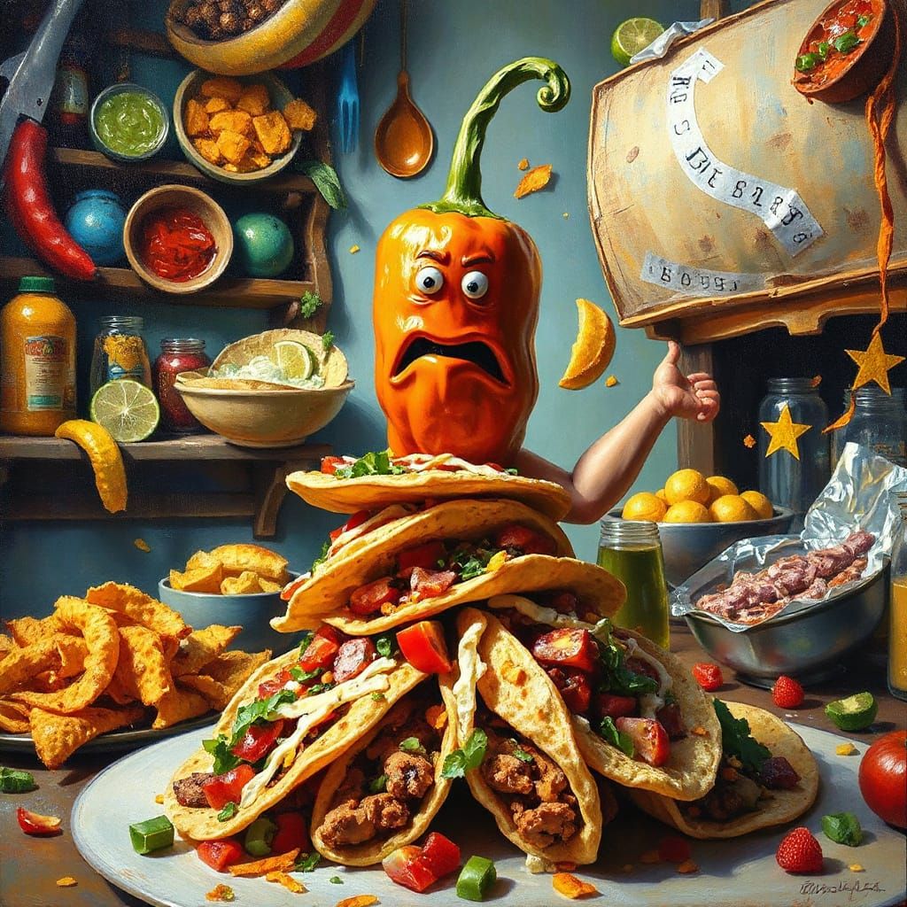 Impressionist Chili Pepper Sculpture on Tacos