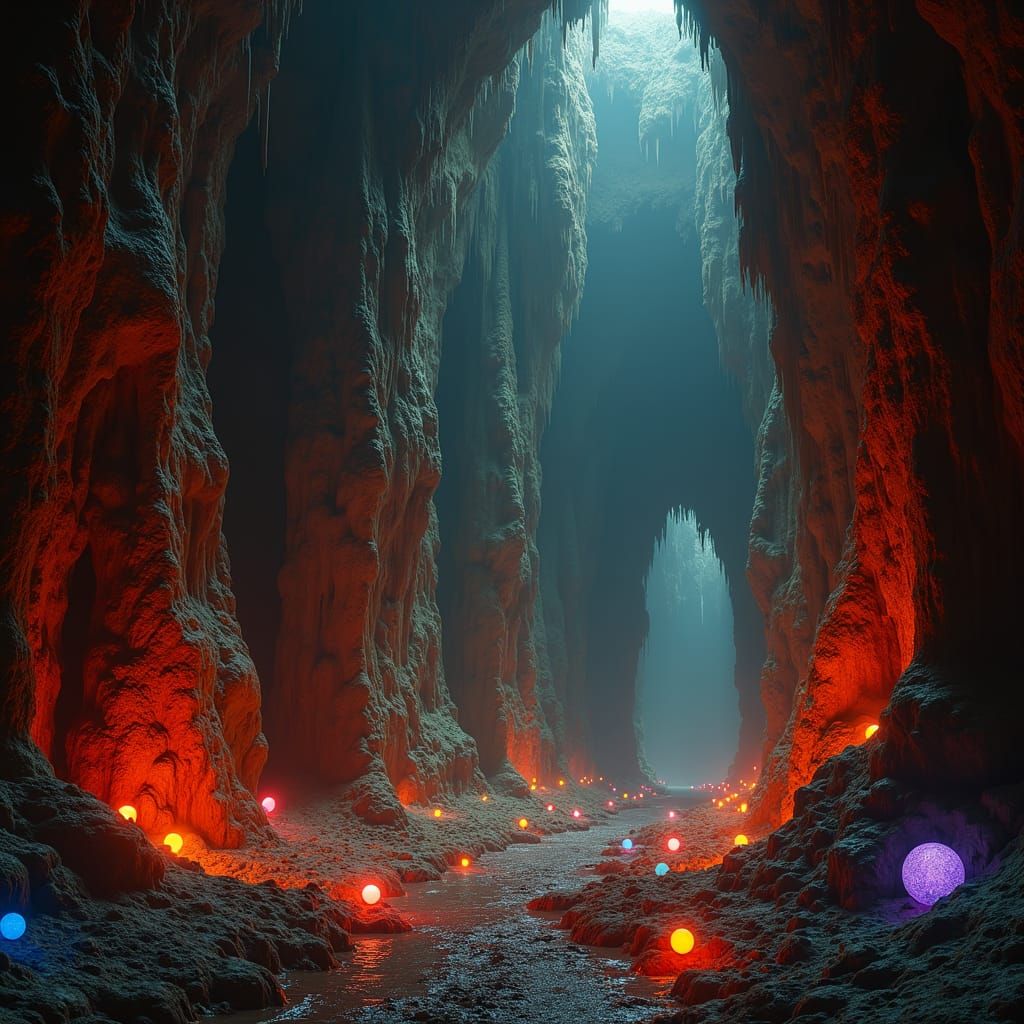 Luminous Orbs in Colossal Cave, Inspired by Abstract Express...
