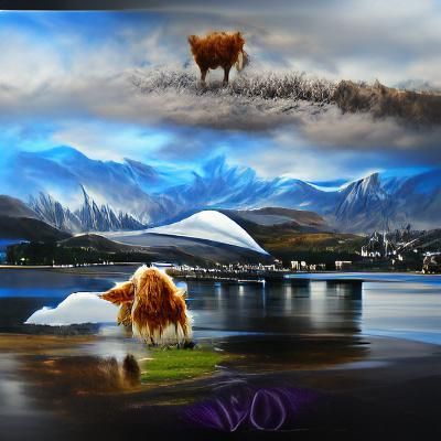 Scottish Highland Cow by Loch, Acrylic Matte Painting