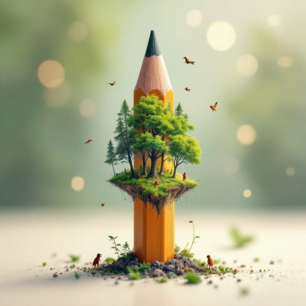 Pencil Blooms into Miniature Forest in Watercolor Style