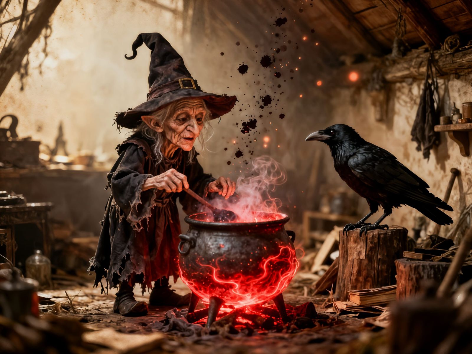 Scary Old Witch Brewing Magical Potion in Hut
