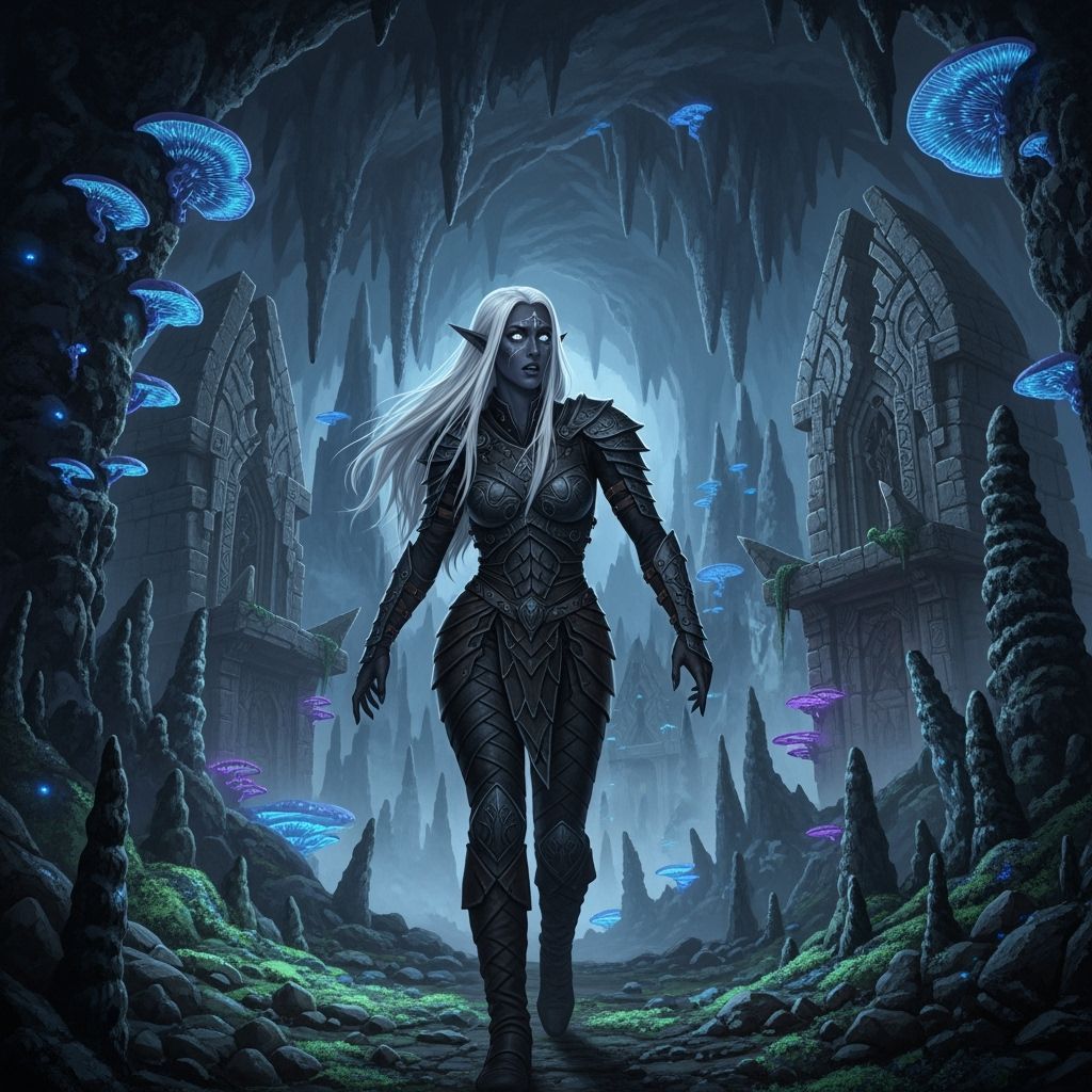 Lost Drow Elf Maiden in Bioluminescent Underground Complex