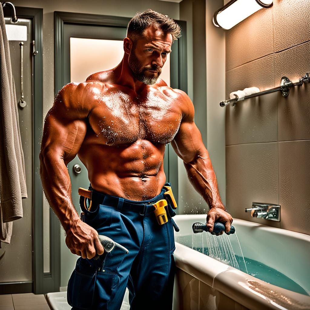 Handsome Shirtless Plumber Repairs Shower Tub