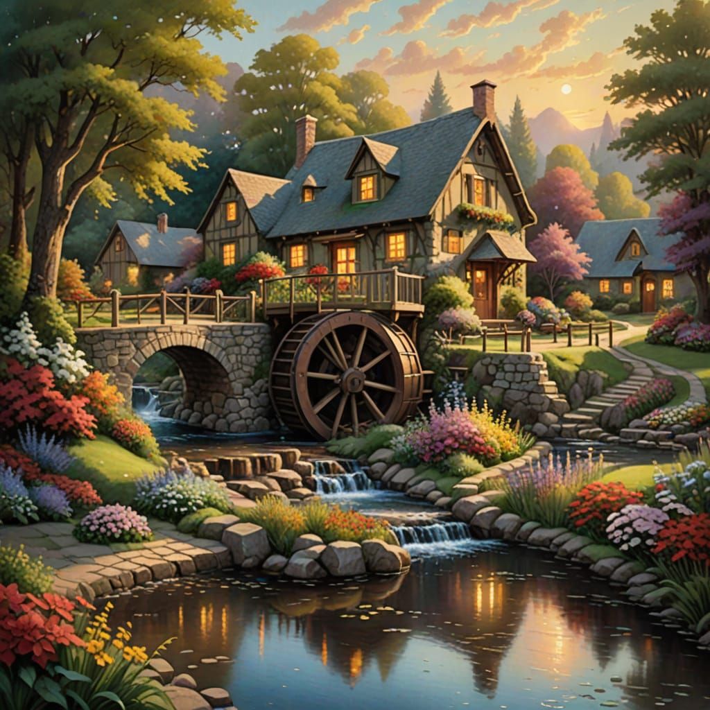 Idyllic Waterwheel Scene in Whimsical Oil Painting Style