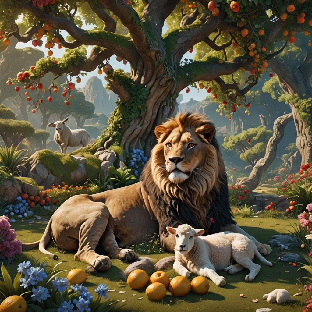 Lion and Lamb in Paradise: Detailed Matte Painting