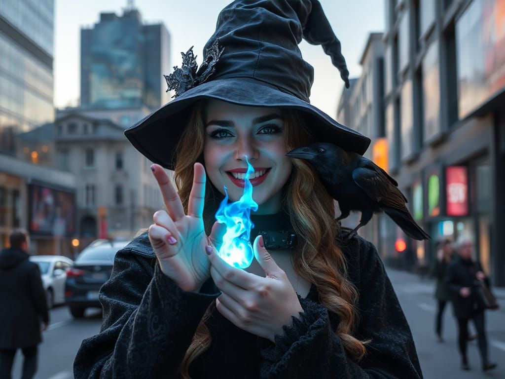 Modern Witch Creates Blue Flame in City, Bioluminescent Fant...