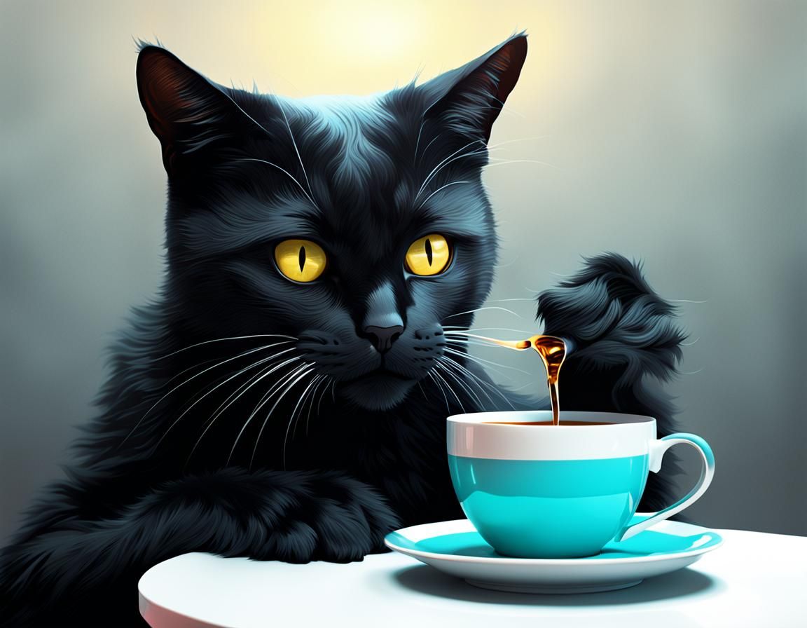 Black Cat Sipping Tea in Pop Art Style