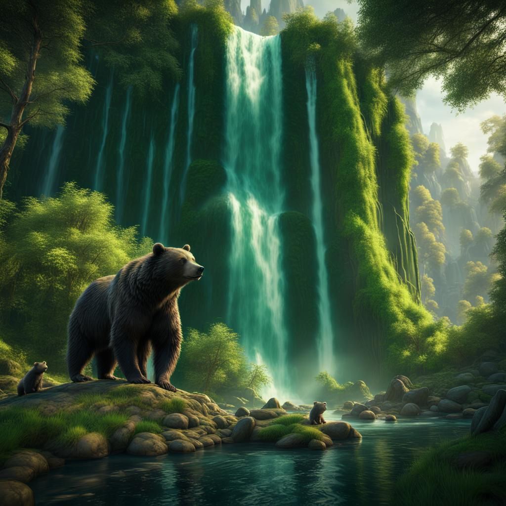 Lush Green Waterfall with Bear Shadows: Fantasy Art