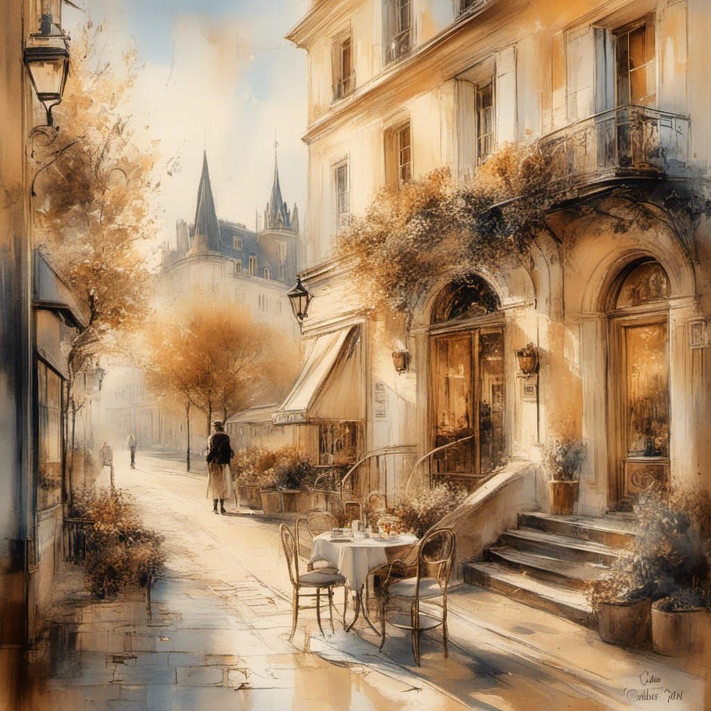 Cafe Scene in Impressionist Style with Cat and Coffee