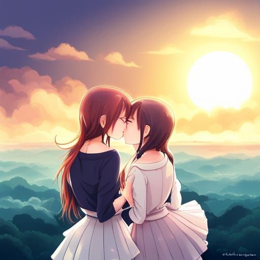 Girls Kissing at Sunset: Anime-Inspired Art