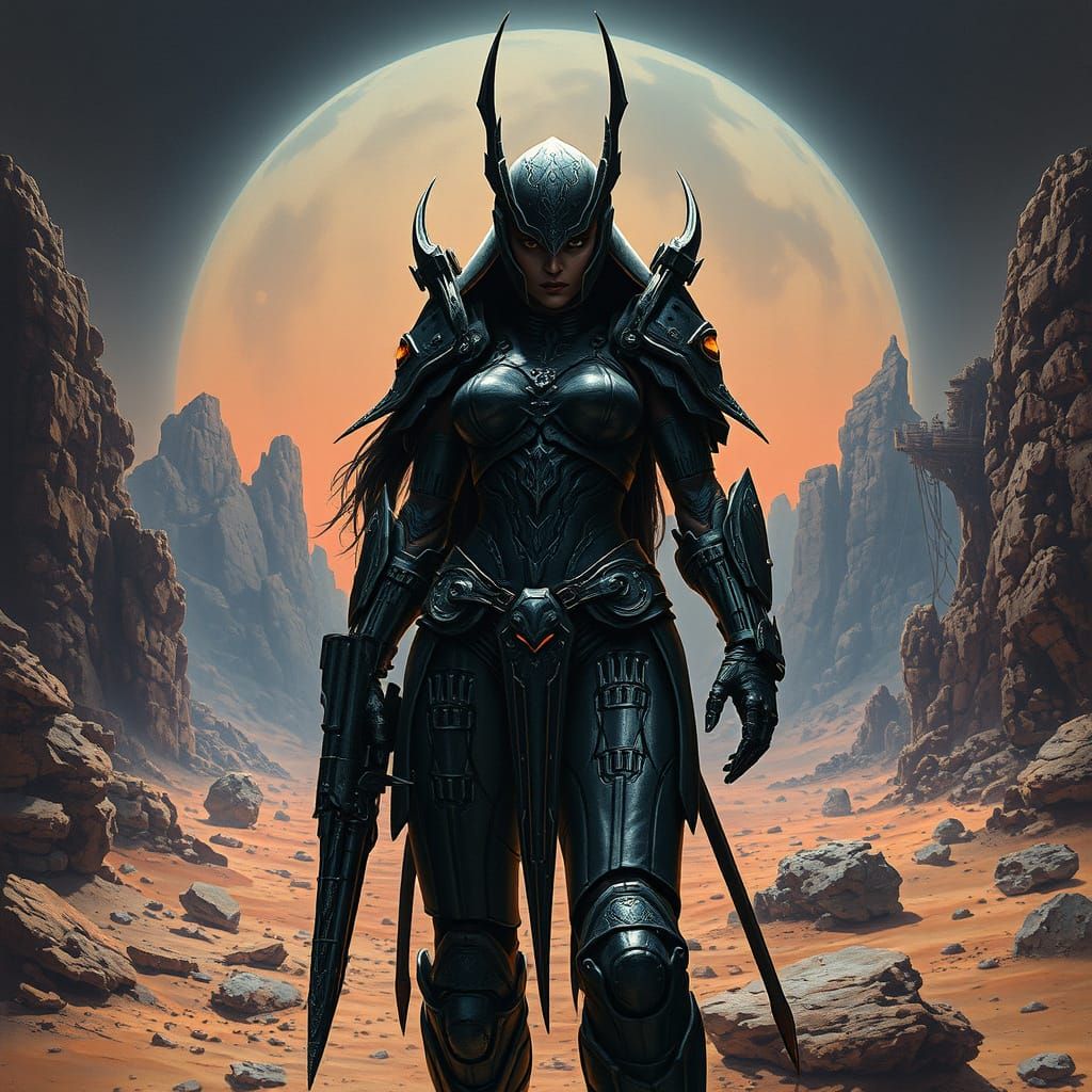 Surreal Princess of Mars in Dark, Futuristic Armor