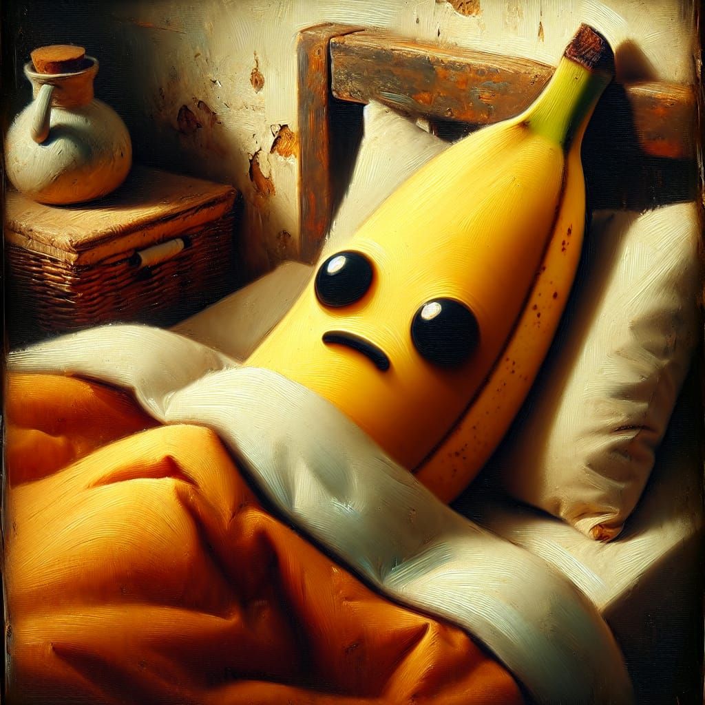 Melancholy Banana in Bed: A Detailed Oil Painting