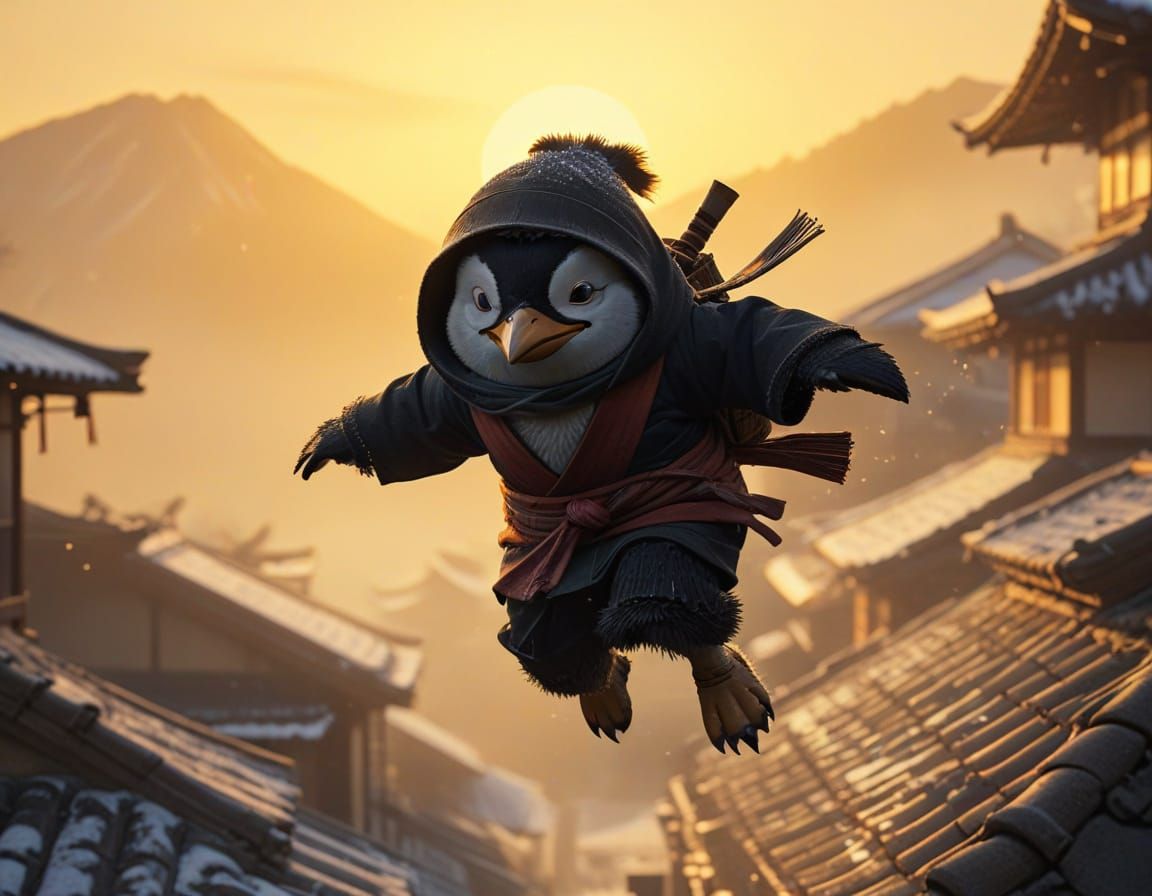 Ninja Penguin in Japanese Village: Kurosawa Style