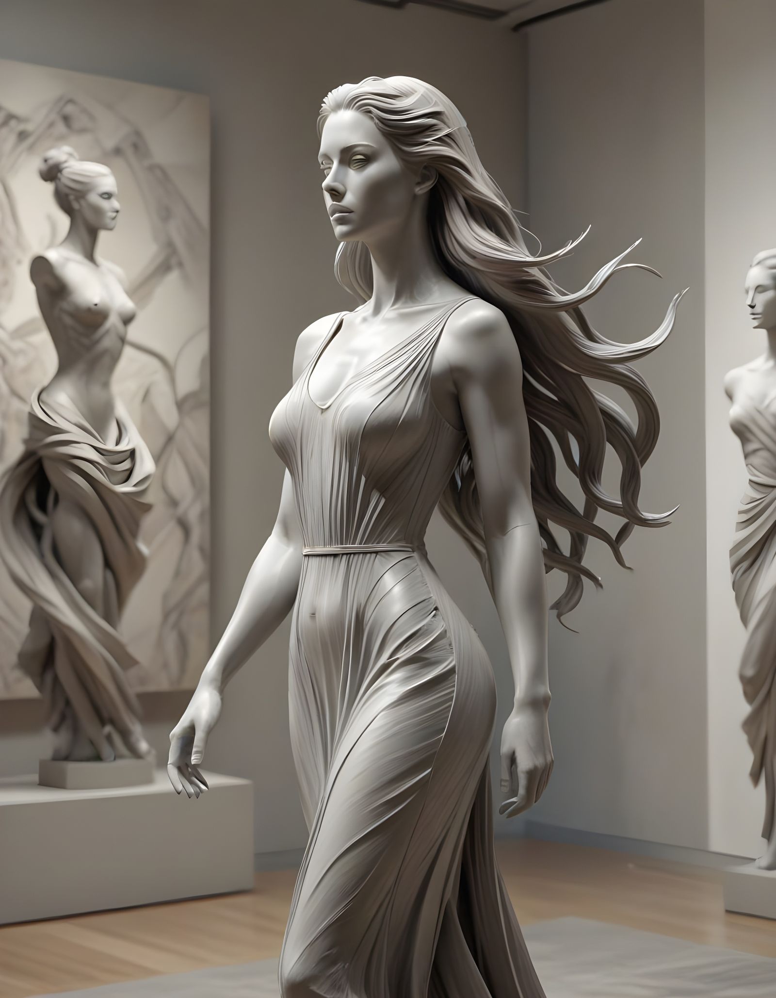 Elegant Woman Poses in Art Gallery: Pencil Sketch