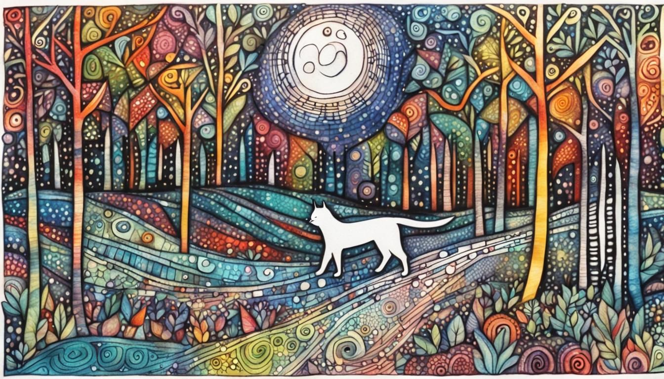 Happy Cat Walks in Moonlit Forest Zentangle
