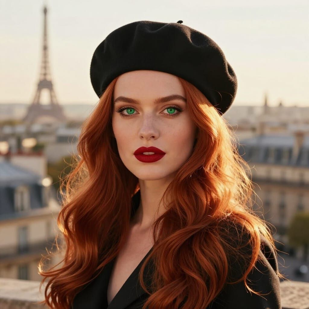 Parisian Woman Portrait With Red Hair and Beret