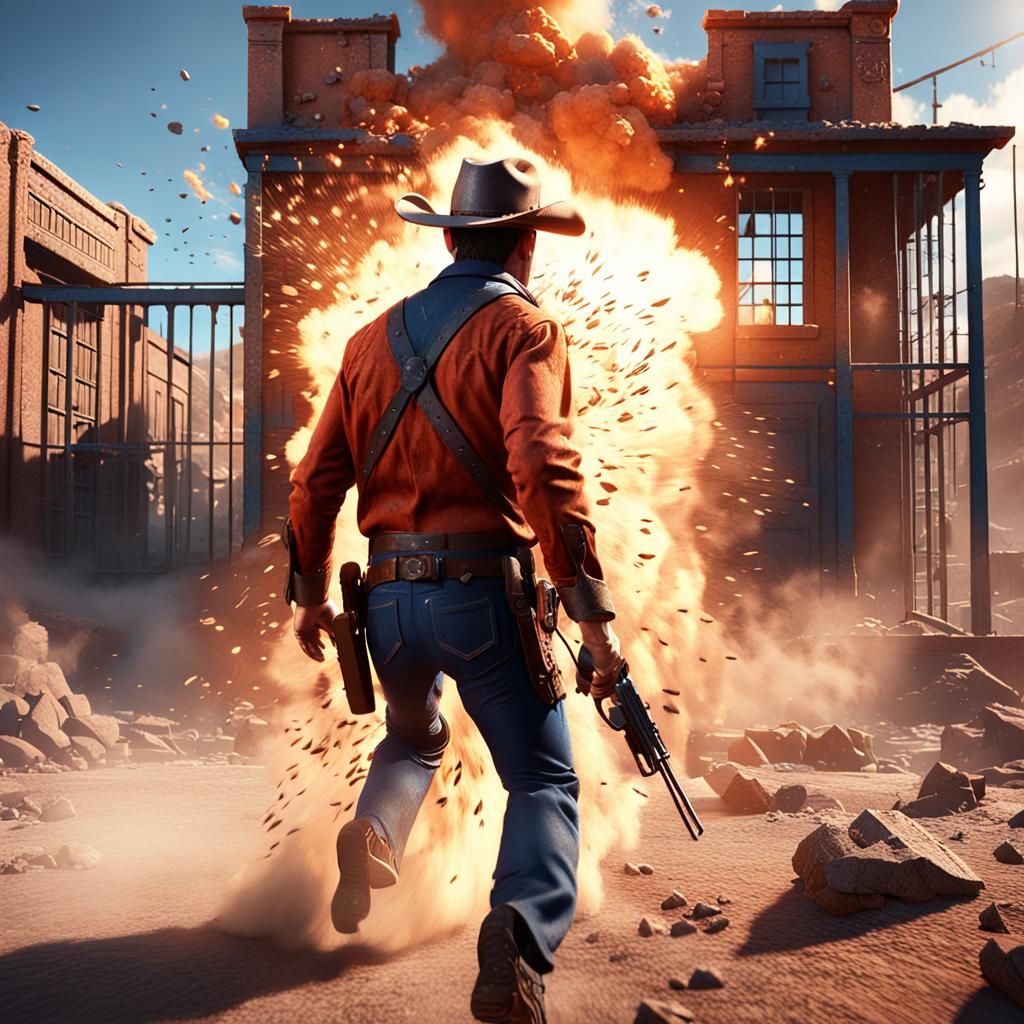 Wild West Cowboy's Explosive Jailbreak at Sunset