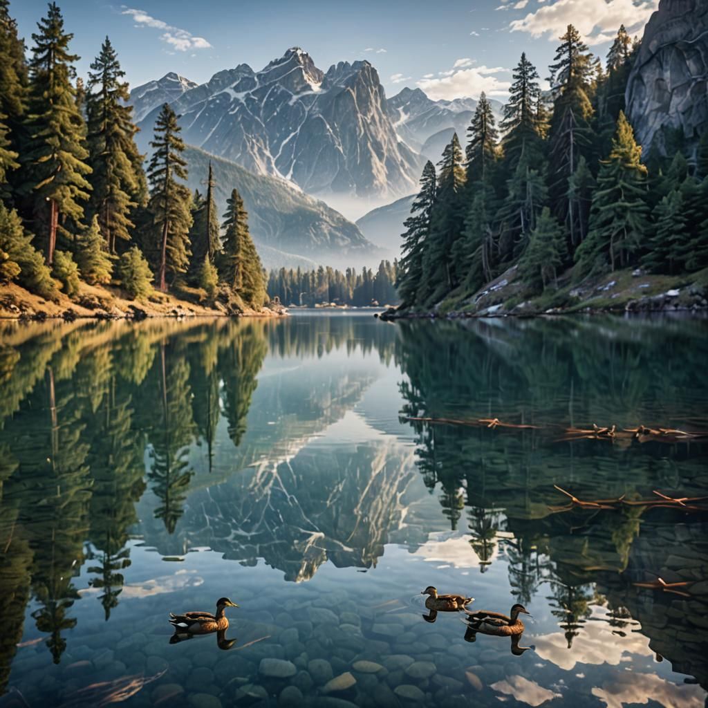 Tranquil Lake Reflecting Snow-Capped Mountains