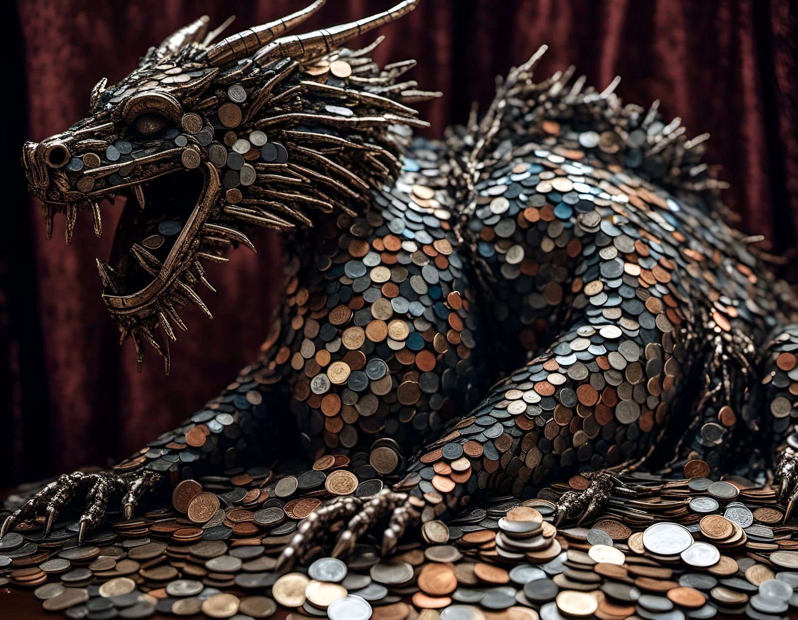 Coin Dragon Sculpture Installation: Hyperrealistic Detail