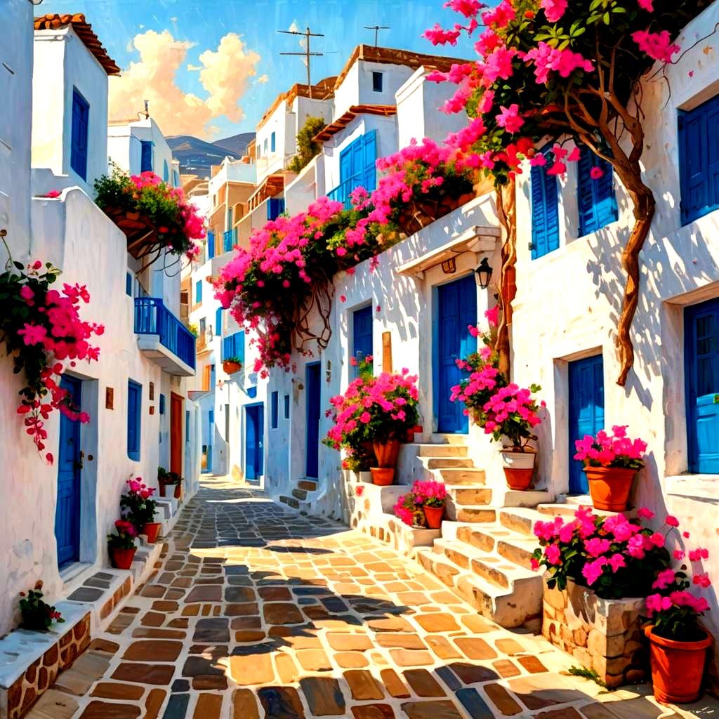 Mykonos Greece in Neo-Impressionist Pastel Drawing