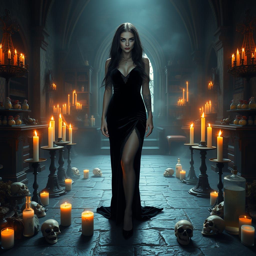 Gothic Sorceress in Haunted Castle with Candles