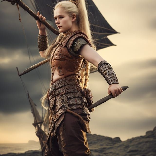 Viking Warrior with Longship, Detailed Historic Photo