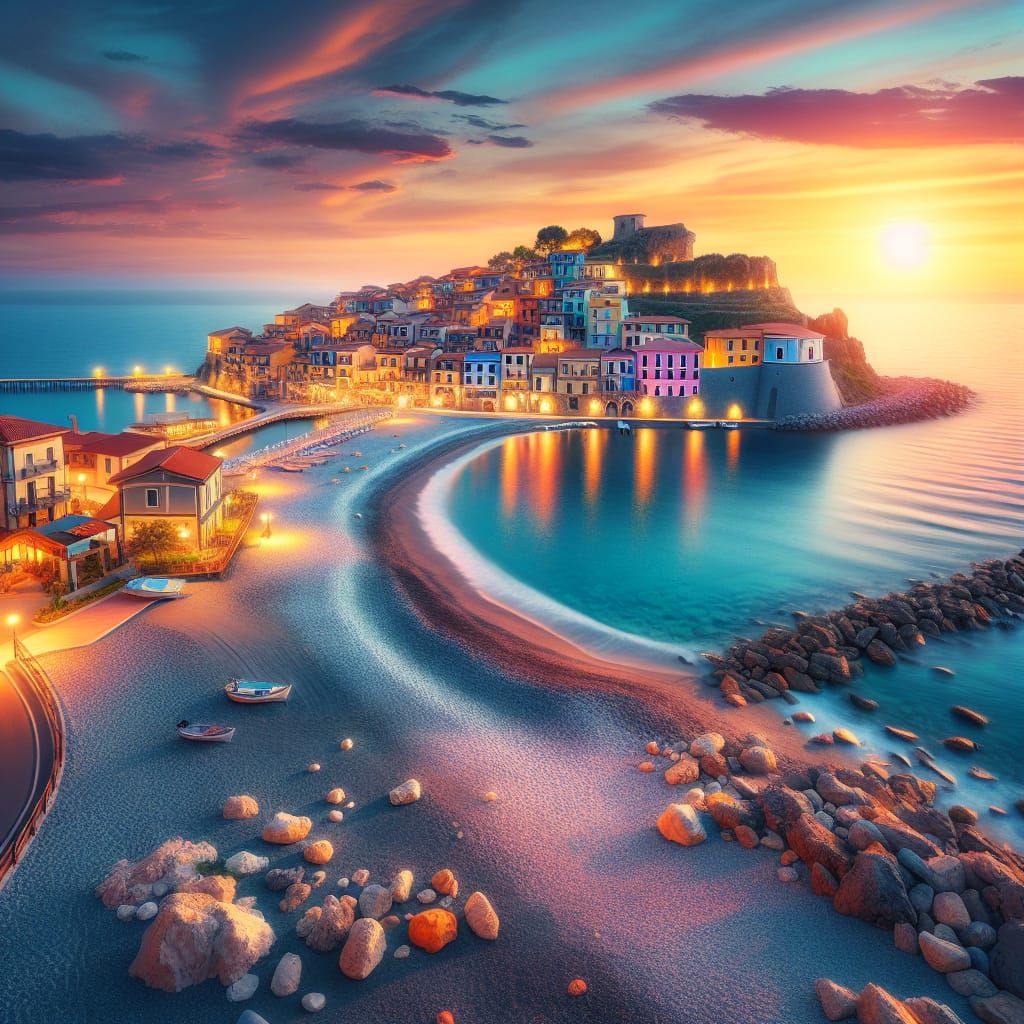 Coastal Town at Twilight: A Tranquil Pastel Scene