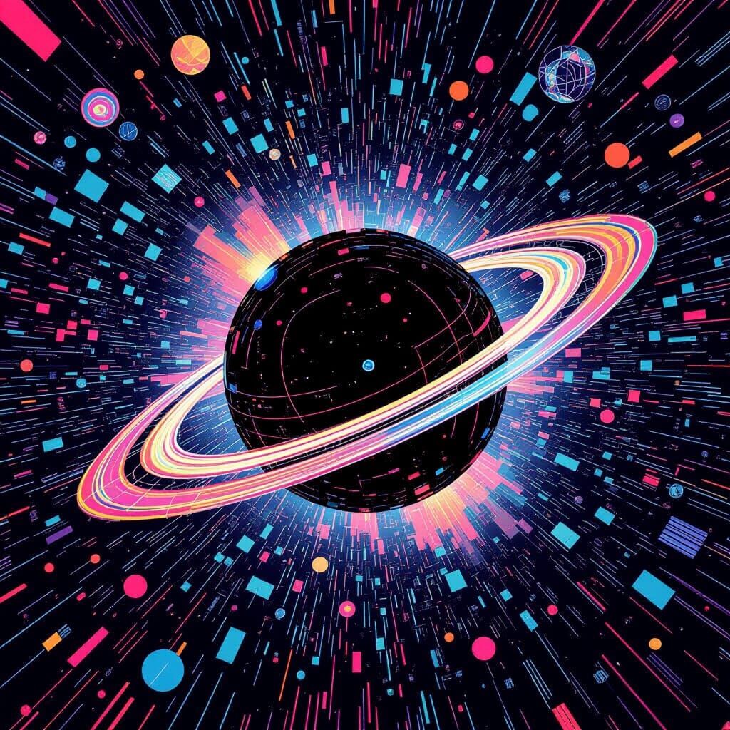 Orbital Habitats Dance Around Black Hole in Abstract Art