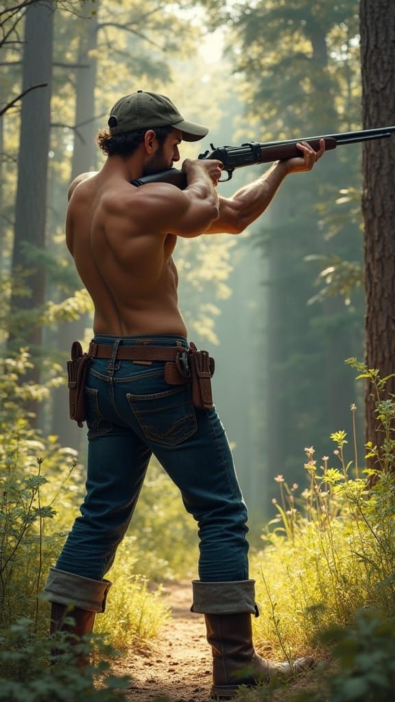 Confident Hunter in Wilderness Clearing